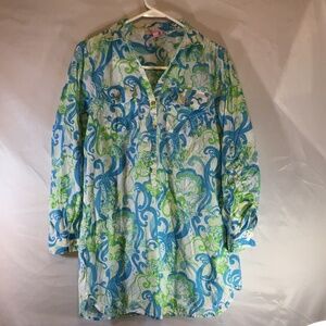Lilly Pulitzer Small Tunic Top Blue Green Coastal Shell Swirl Cotton Resort